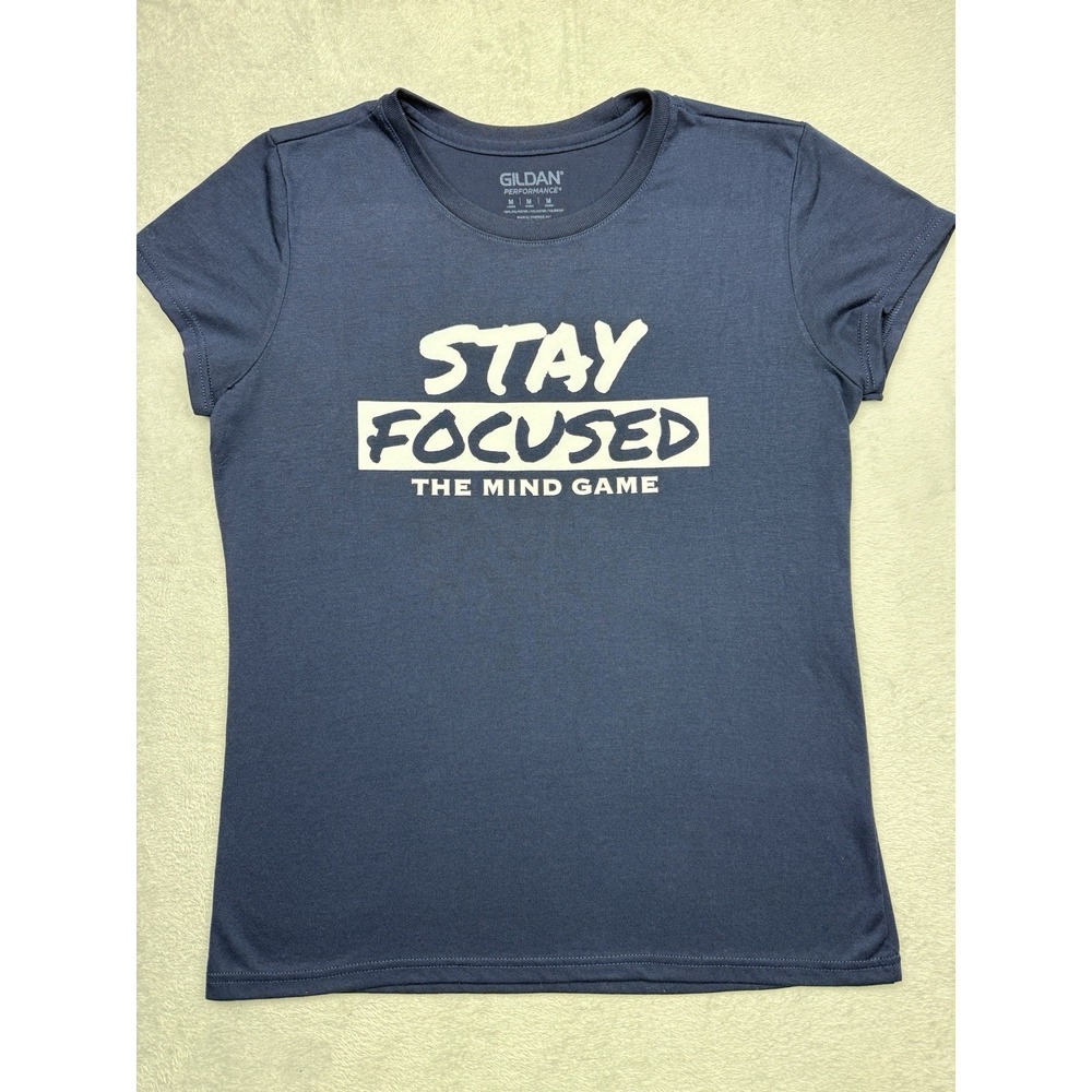 Gildan Performance Men's M Blue Polyester Crew Neck Graphic Tee "Stay Focused"